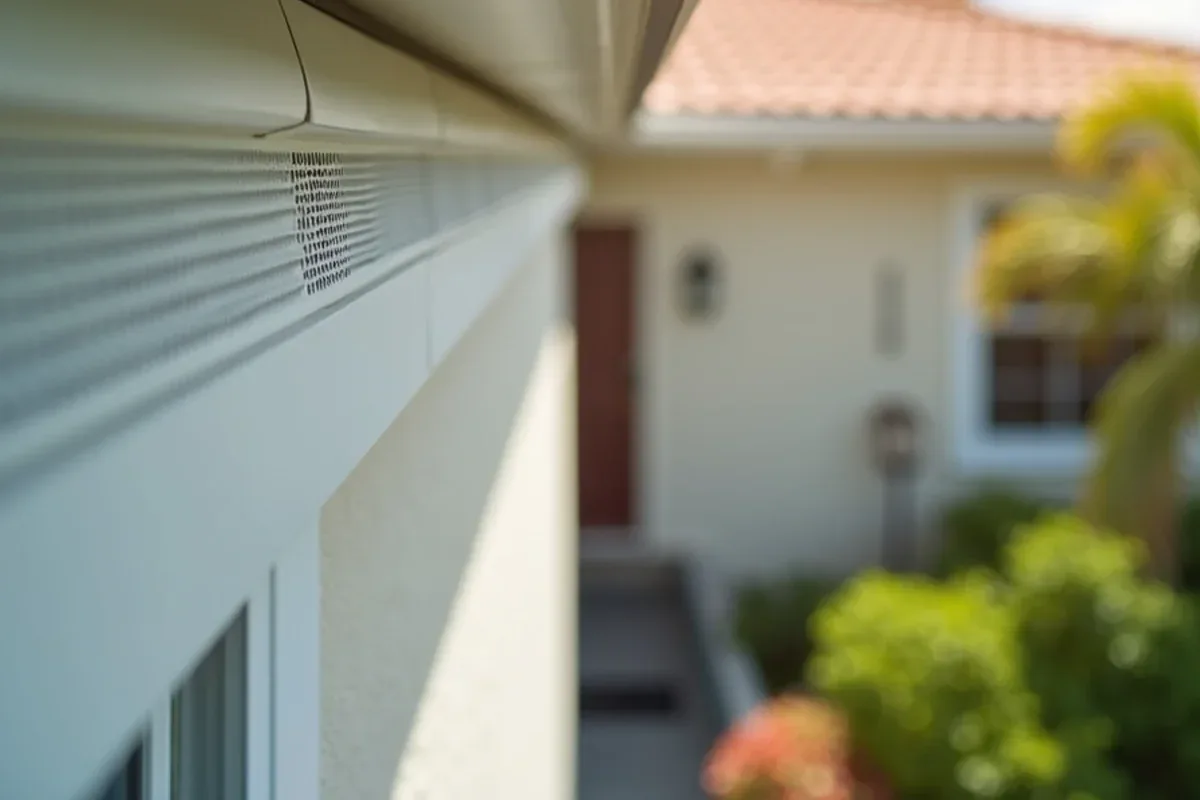 Close-up of almond center-vent aluminum soffit meeting a fascia channel