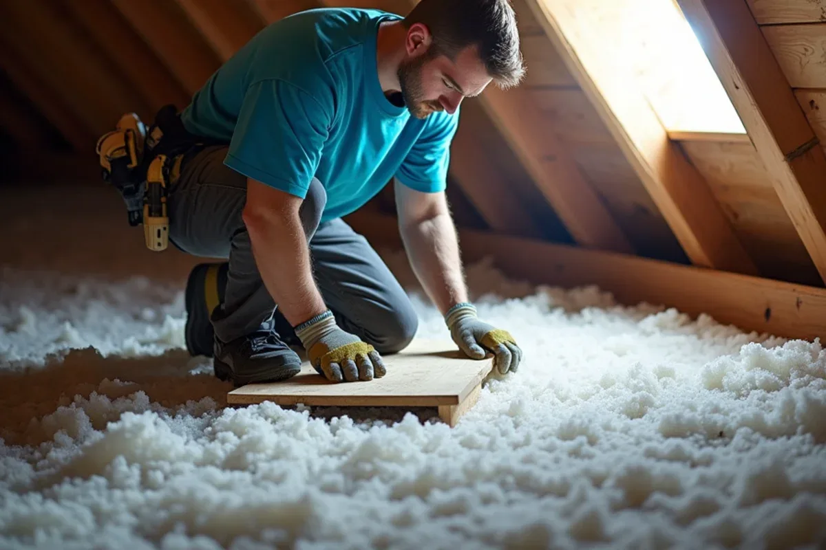 Technician with a flashlight checking attic insulation clearance above eave soffit vents
