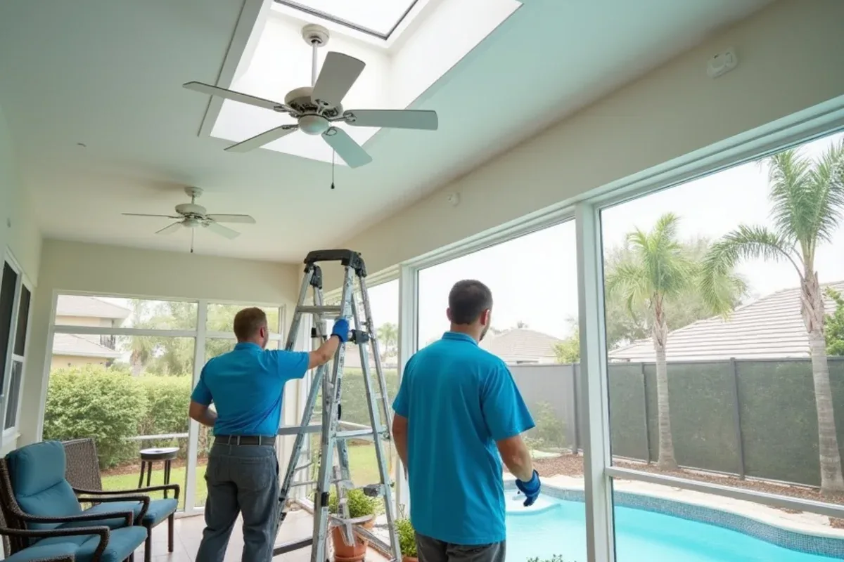 Finished solid aluminum soffit ceiling on a screened lanai with a ceiling fan