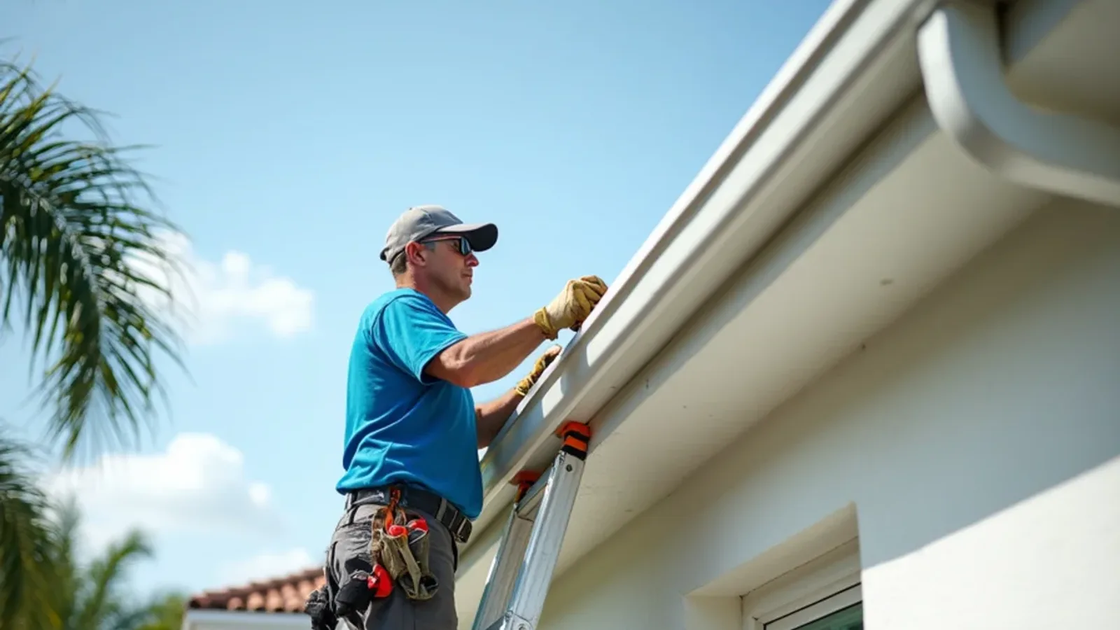 Two-story stucco home eave with new white vented aluminum soffit and matching gutters