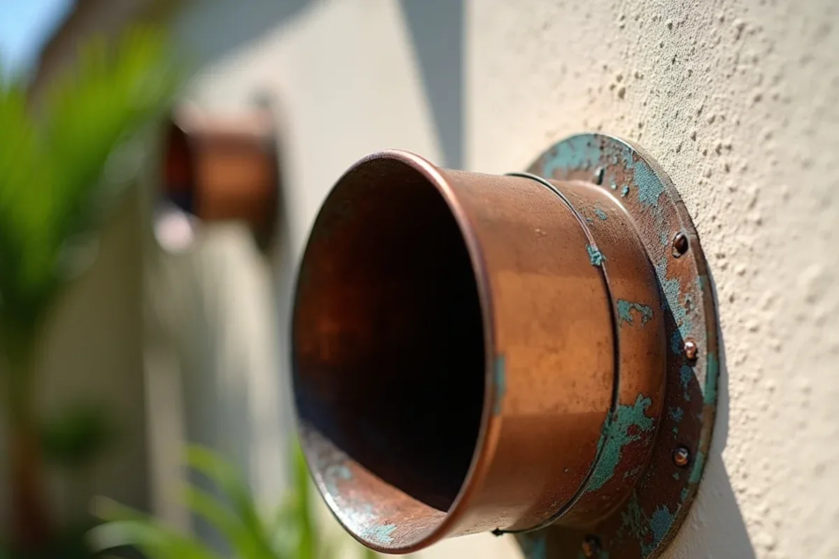 Weathered copper downspout with brown and green patina against a cream stucco wall