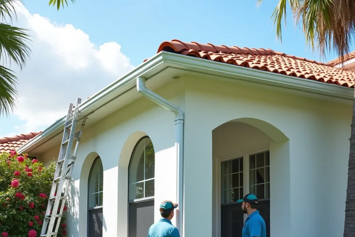White painted aluminum gutter matched to the trim of a Boca Raton-style tile roof home