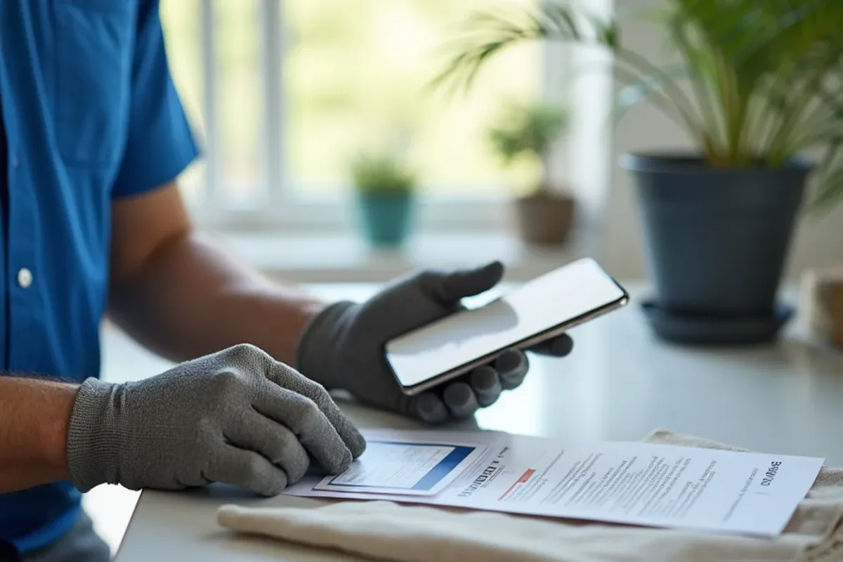 Homeowner's hands holding a contractor competency card beside a phone for verification