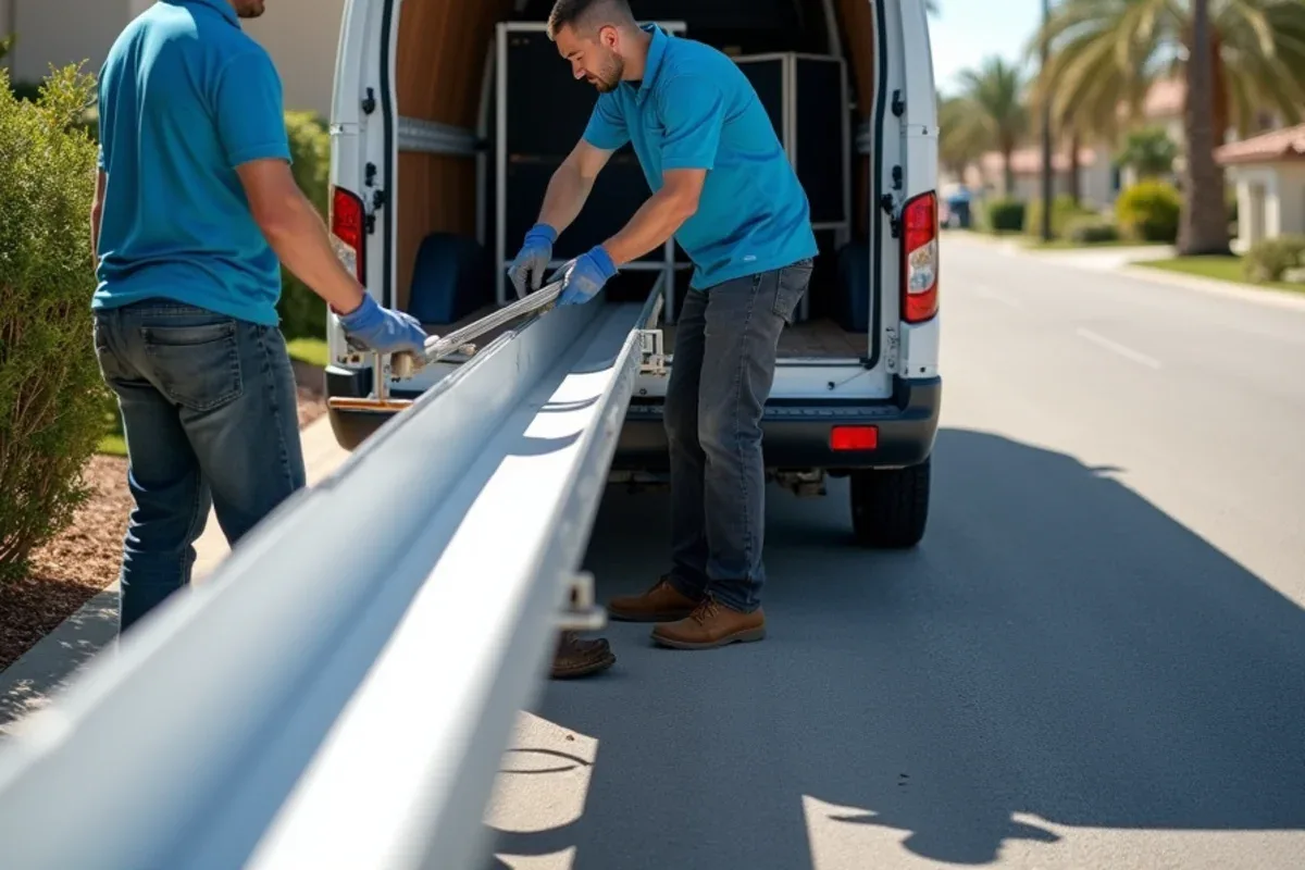 Crew feeding aluminum coil through a portable seamless gutter machine at the curb
