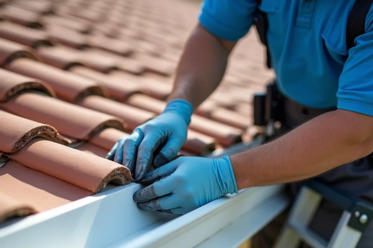 Gloved hand resealing a leaking seamless gutter corner during a warranty visit