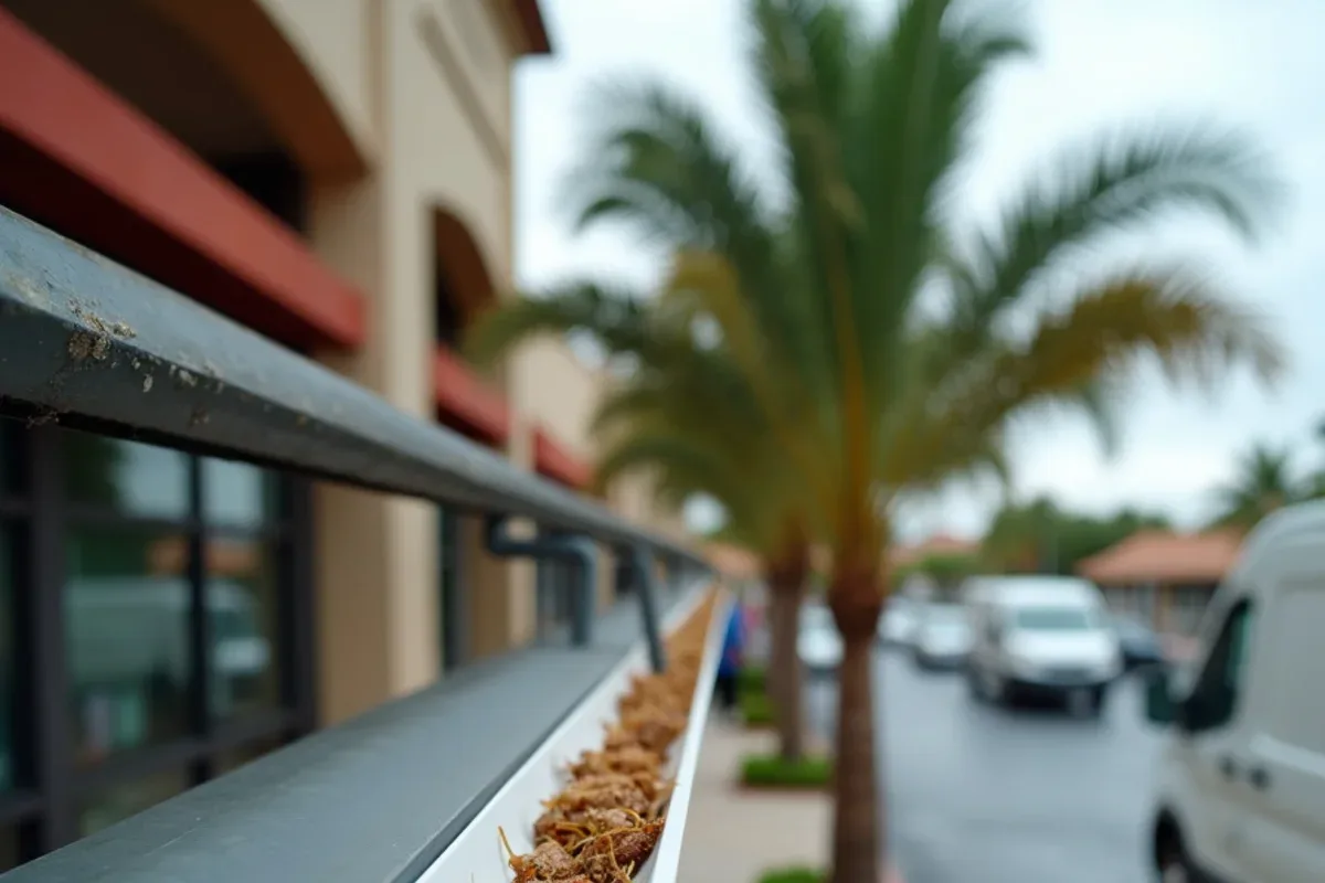 Plaza canopy gutter clogged with palm debris above a storefront walkway