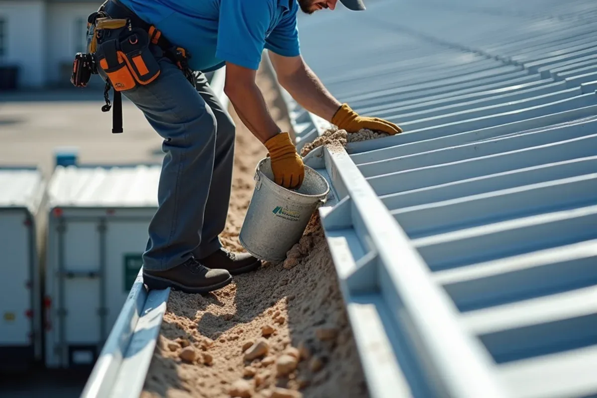 Worker clearing sand and debris from a large warehouse eave gutter