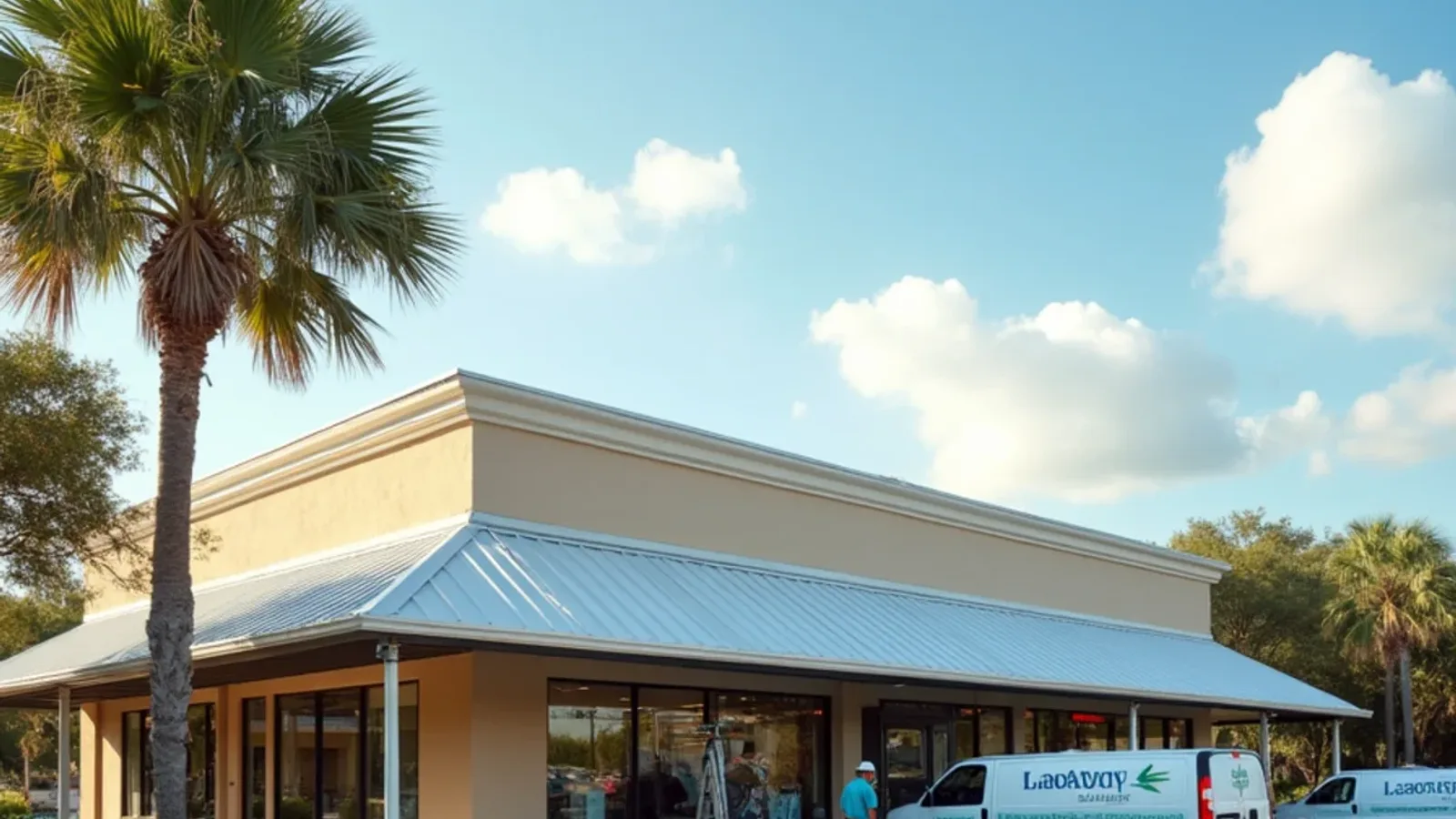 Single-story retail plaza with canopy gutters above a covered storefront walkway