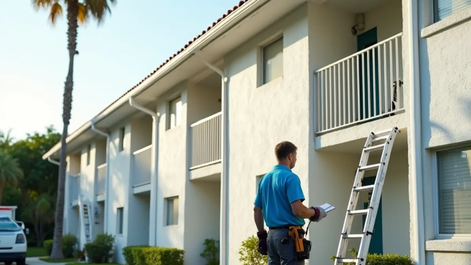 Older three-story condo building with gutters and downspouts along its walkway side