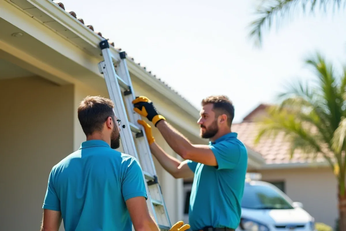 Helper steadying the base of an extension ladder while gutters are cleaned
