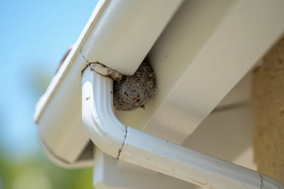 Paper wasp nest hanging under a soffit right beside a gutter outlet