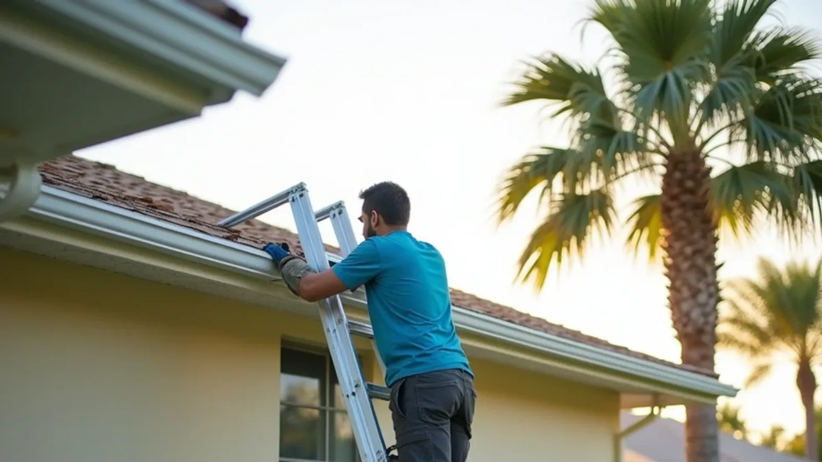 Extension ladder with standoff set safely against a single-story home for gutter cleaning