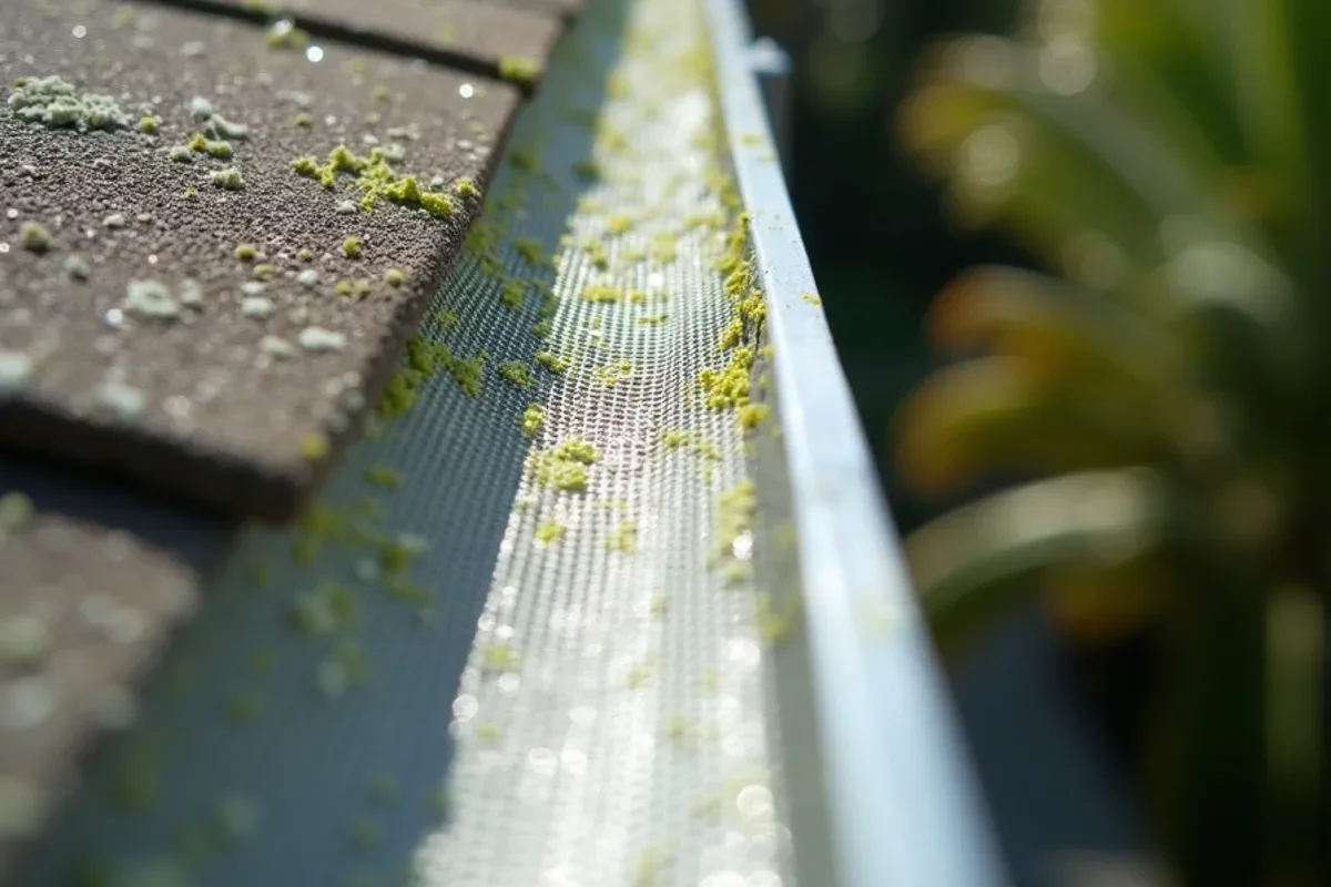 Yellow-green pollen and algae film coating a stainless mesh gutter guard in shade