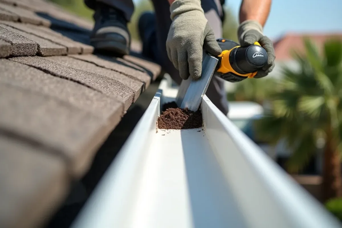 Technician unscrewing and lifting a guard section to reach grit settled at a downspout outlet