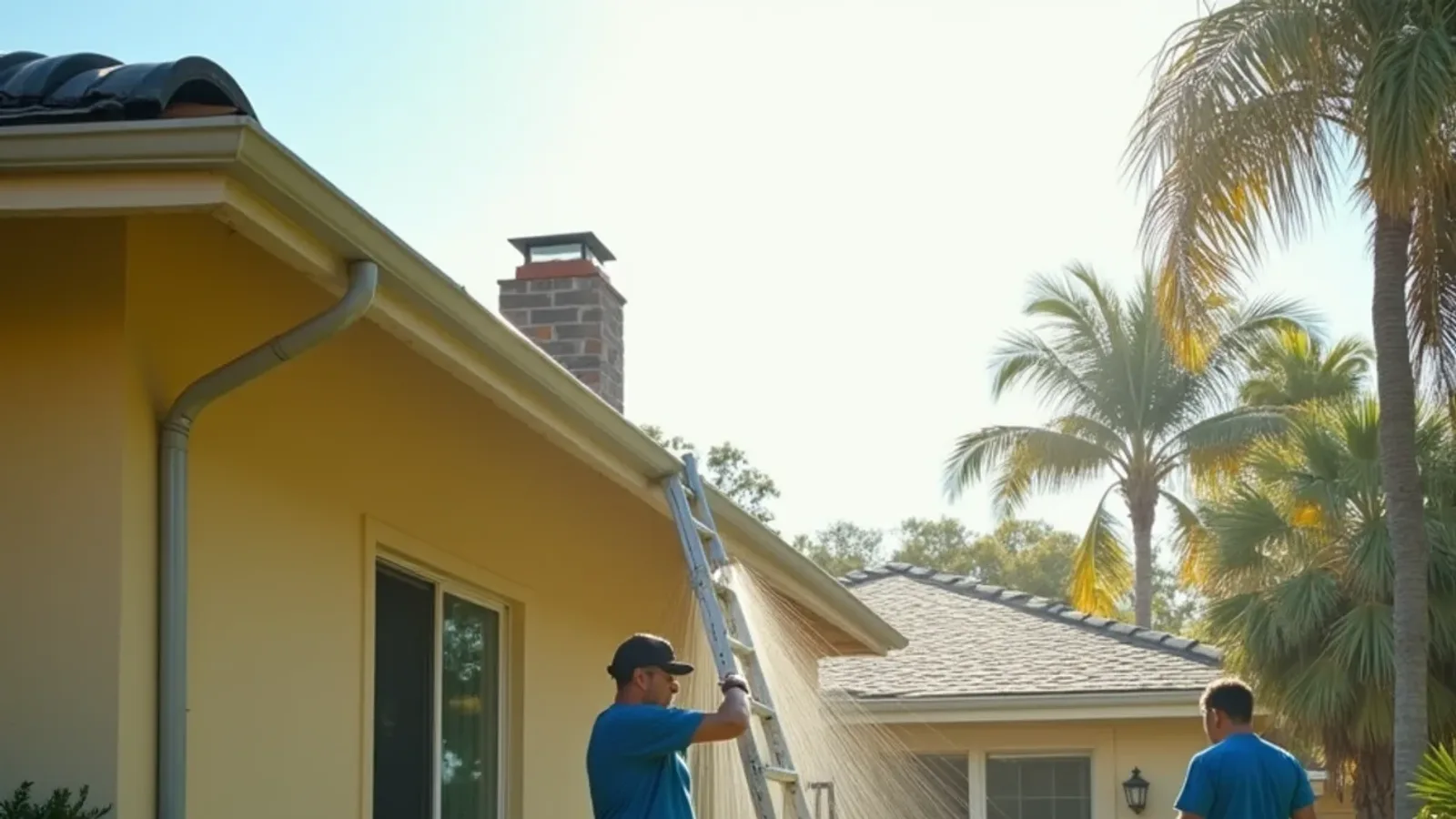 Single-story South Florida block home with no gutters during a summer downpour