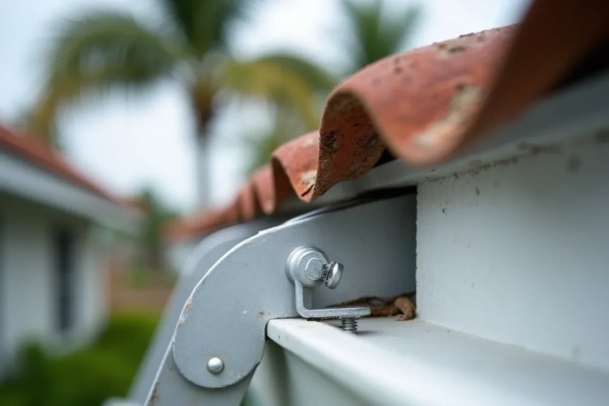 Close-up of torn hidden hanger and pulled screws where a gutter tore off in the wind