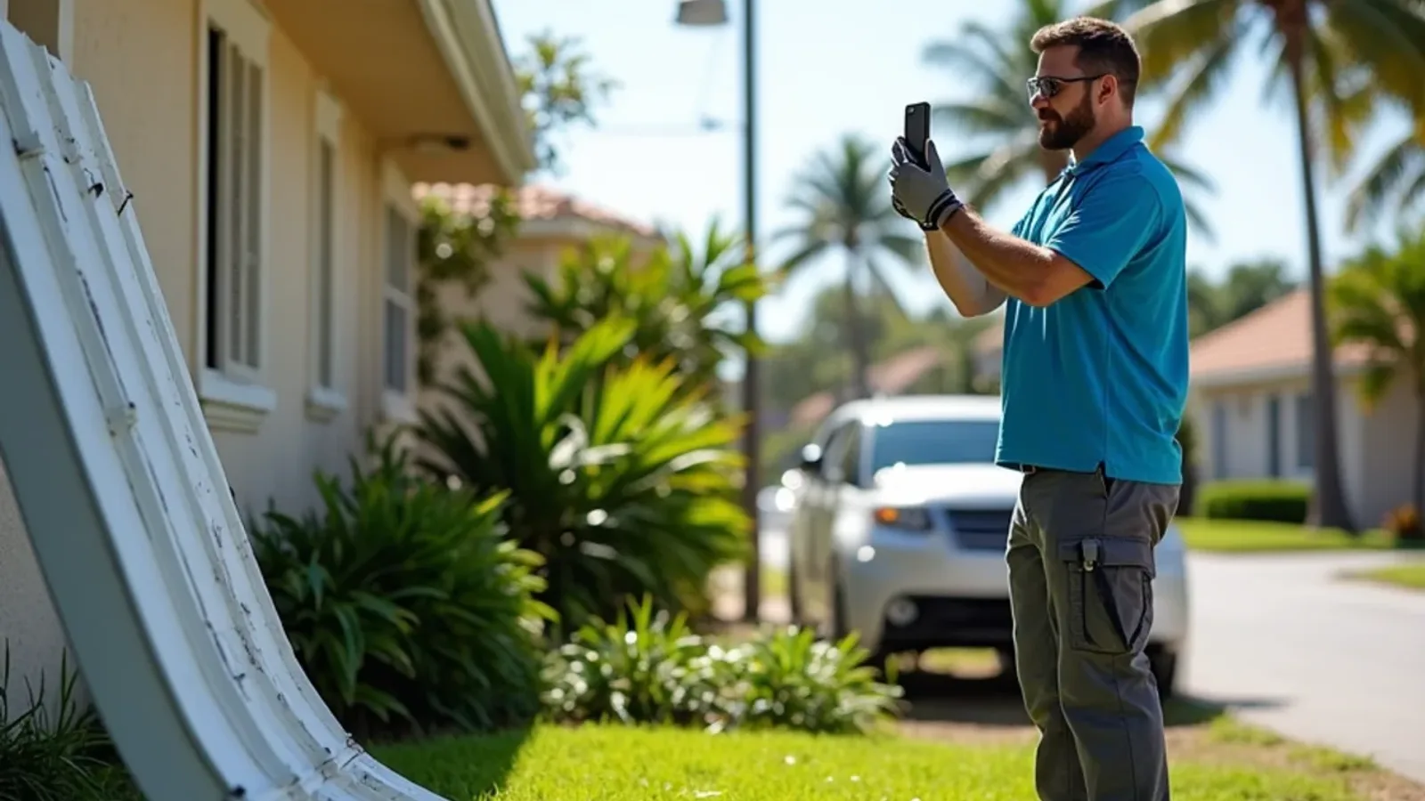 Storm-damaged gutter beside a homeowner photographing it on a phone for an insurance claim