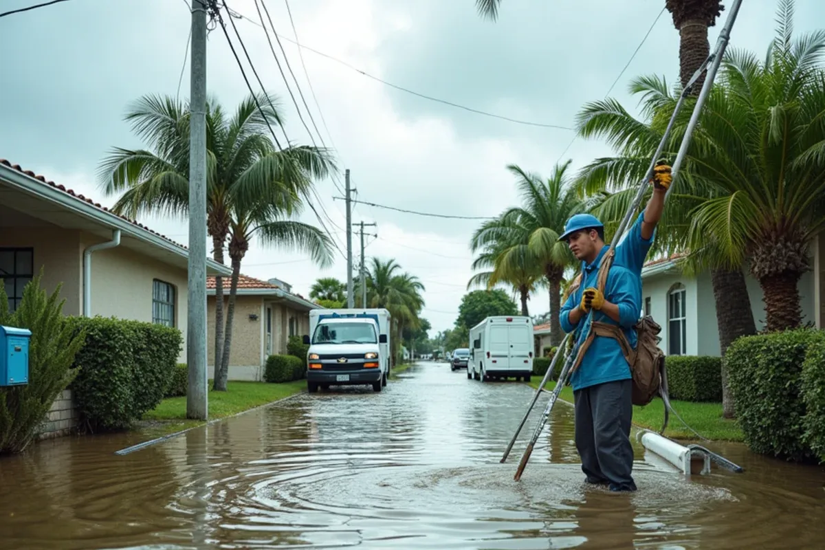 Residential street flooded curb to curb in an eastern Broward downpour beside ranch homes