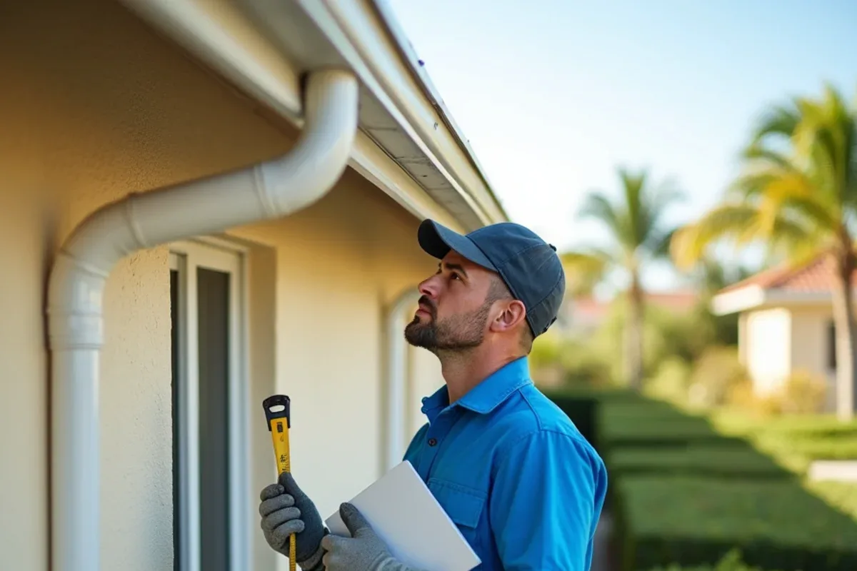 Estimator measuring a gutter run with a tape beside a stucco wall for a cleaning quote