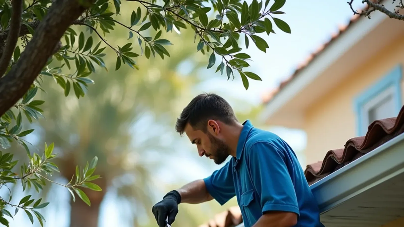 Technician cleaning an open gutter run beside a run fitted with a micro-mesh gutter guard under a black olive tree