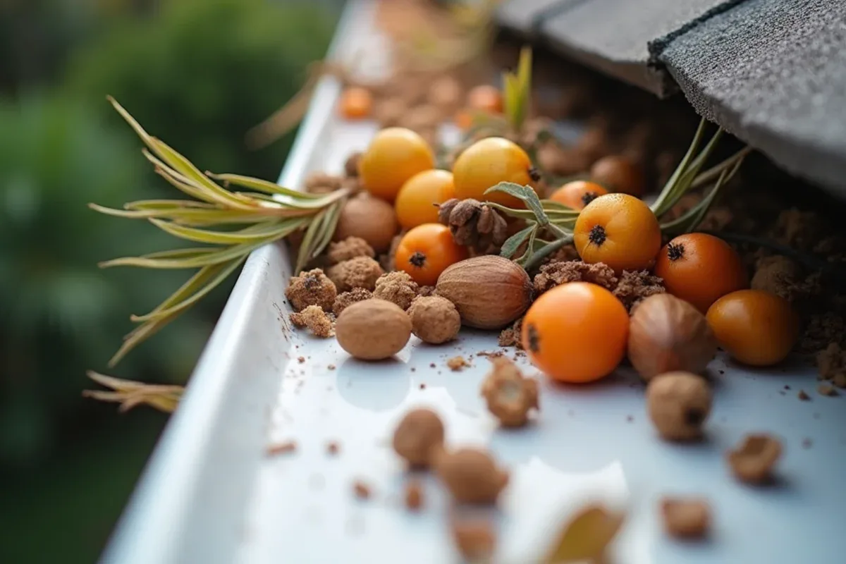 Queen palm fruit, black olive leaves and mahogany seed pods scattered along a shingle roof edge