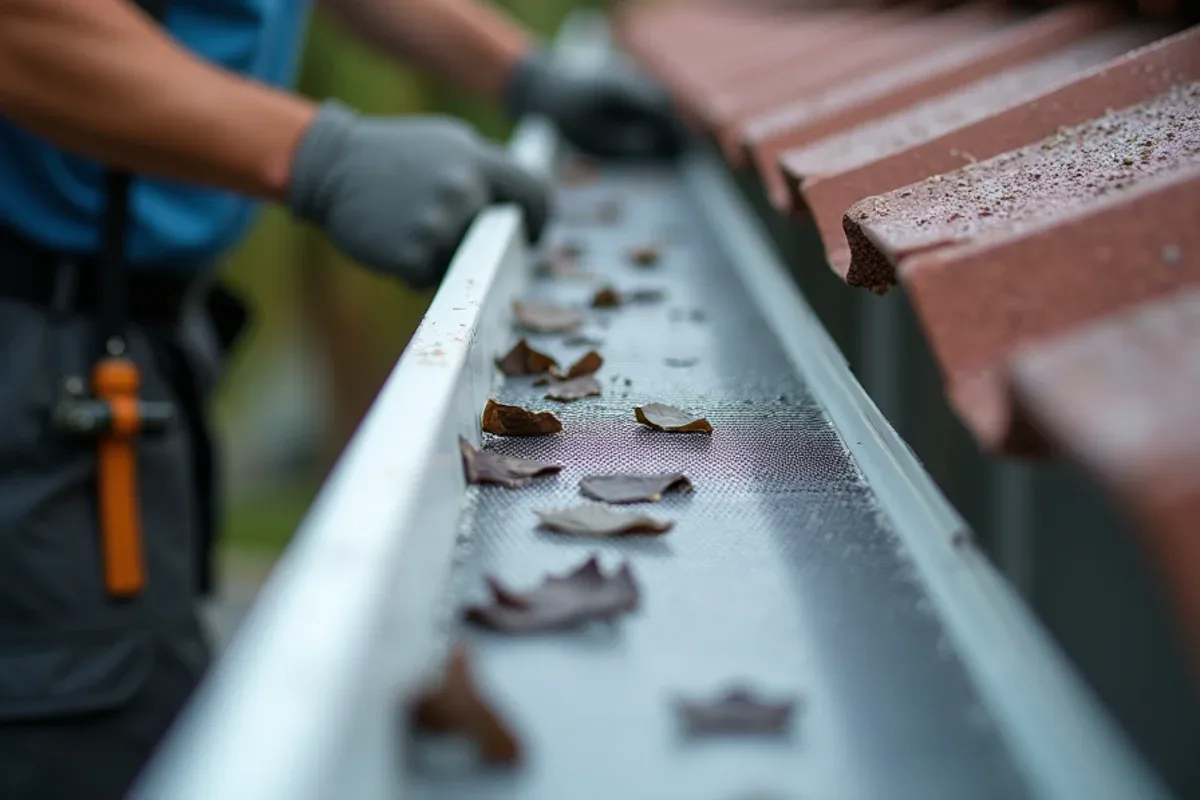 Stainless micro-mesh gutter guard with dry black olive leaves resting on its surface