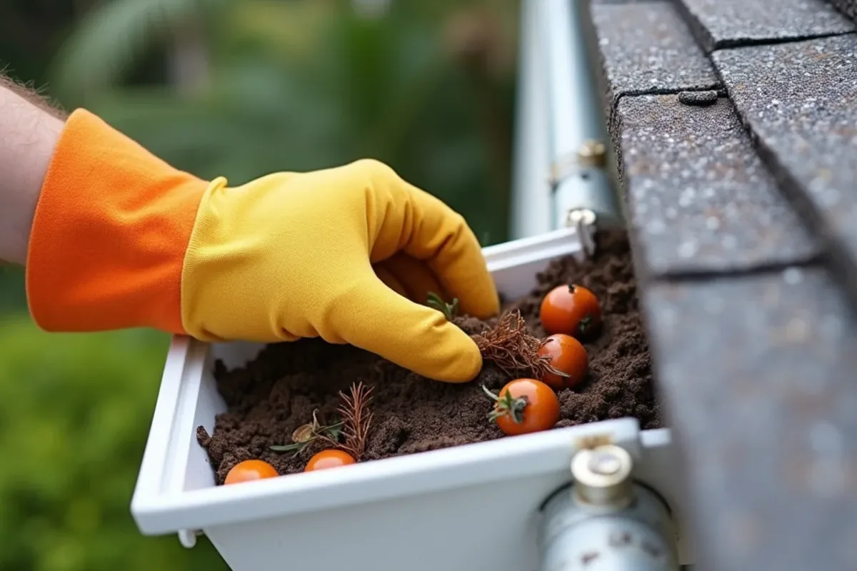 Gloved hand holding queen palm fruit, black olive leaves and oak tassels pulled from a gutter outlet