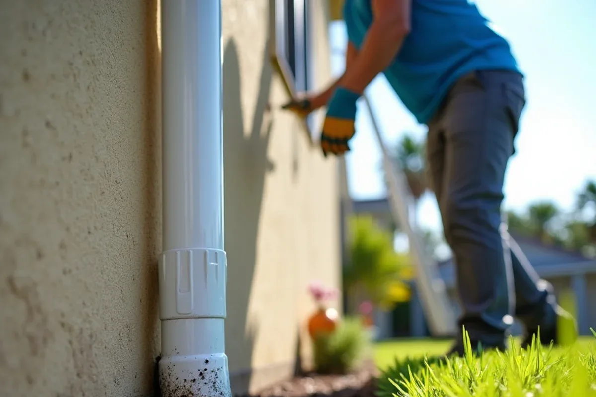 Soil splashed on stucco and soggy lawn beside a downspout with no extension