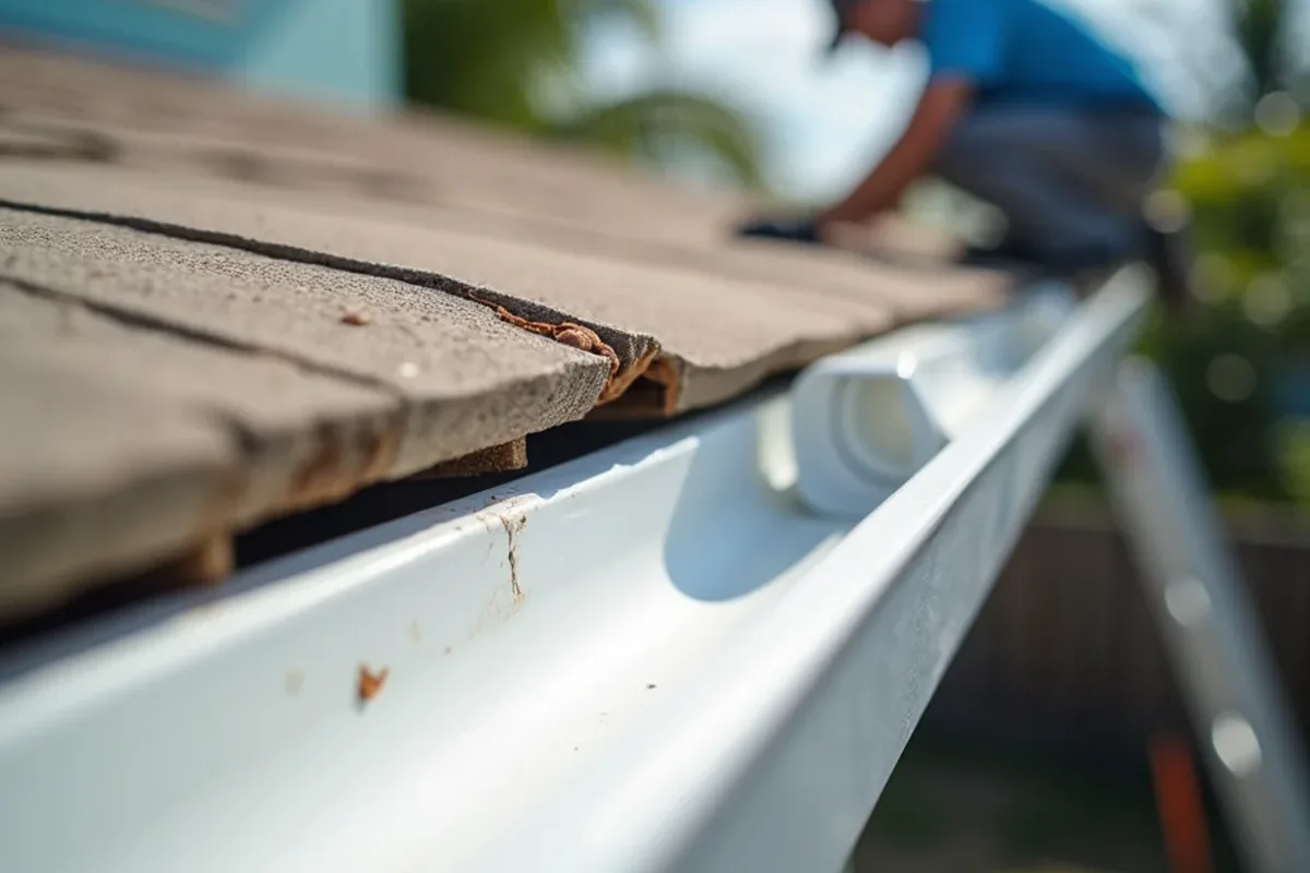Cracked sealant and a rust trail at an inside corner seam of a sectional gutter