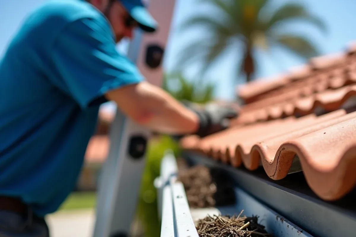 Gutter guard section lifted to show leaves and palm seed stalks packed beneath