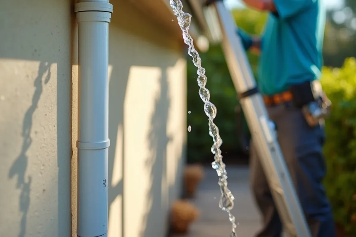 Water flowing from a downspout bottom elbow during an inspection hose test