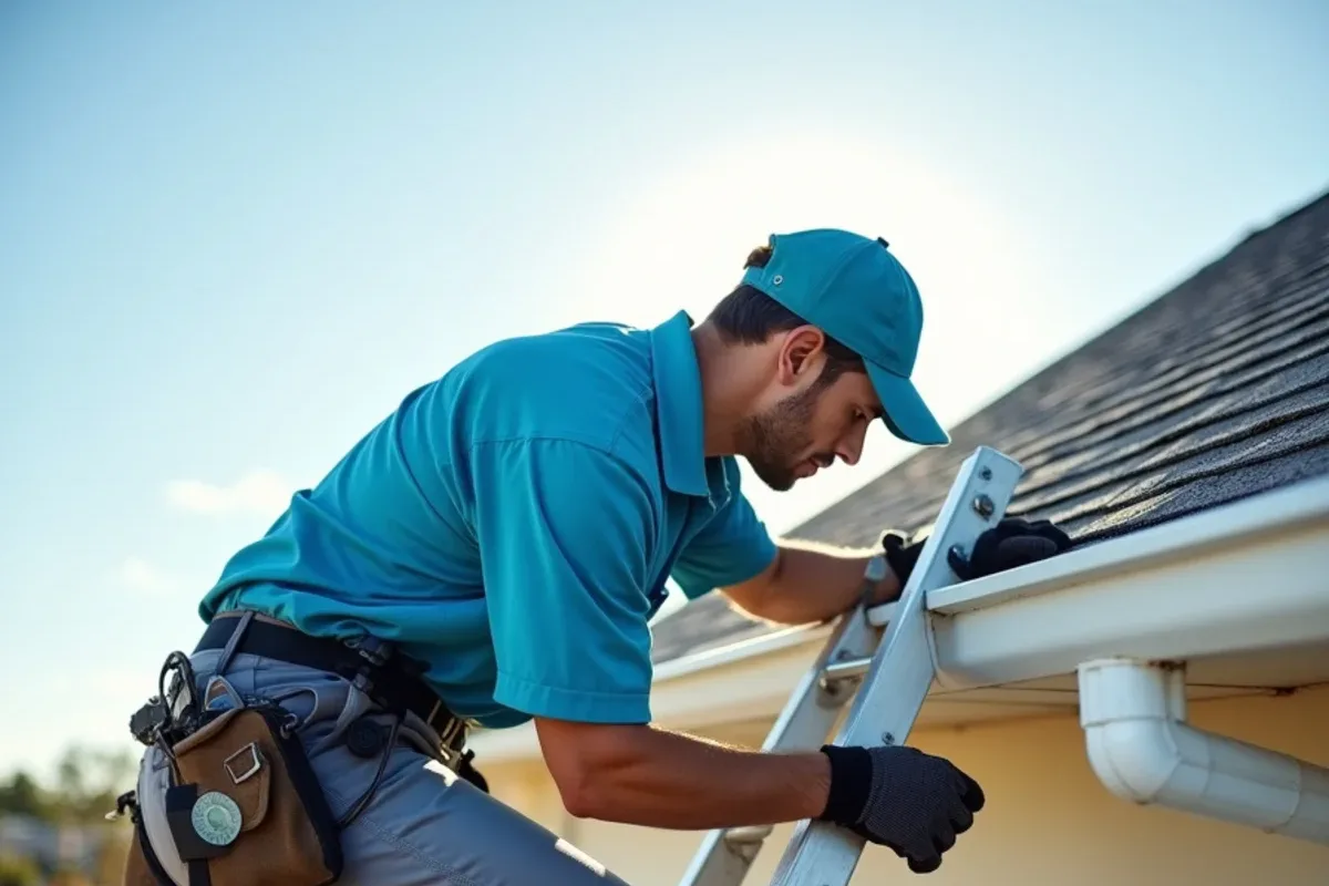 Technician inspecting gutter hangers and fascia on a clear dry-season morning