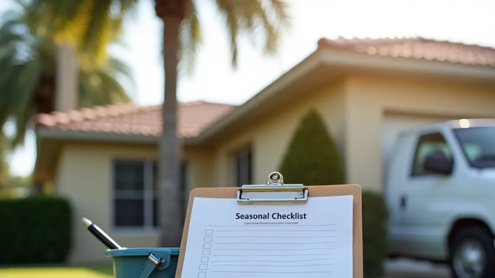 Clipboard with a seasonal gutter maintenance checklist on a bucket in front of a South Florida home