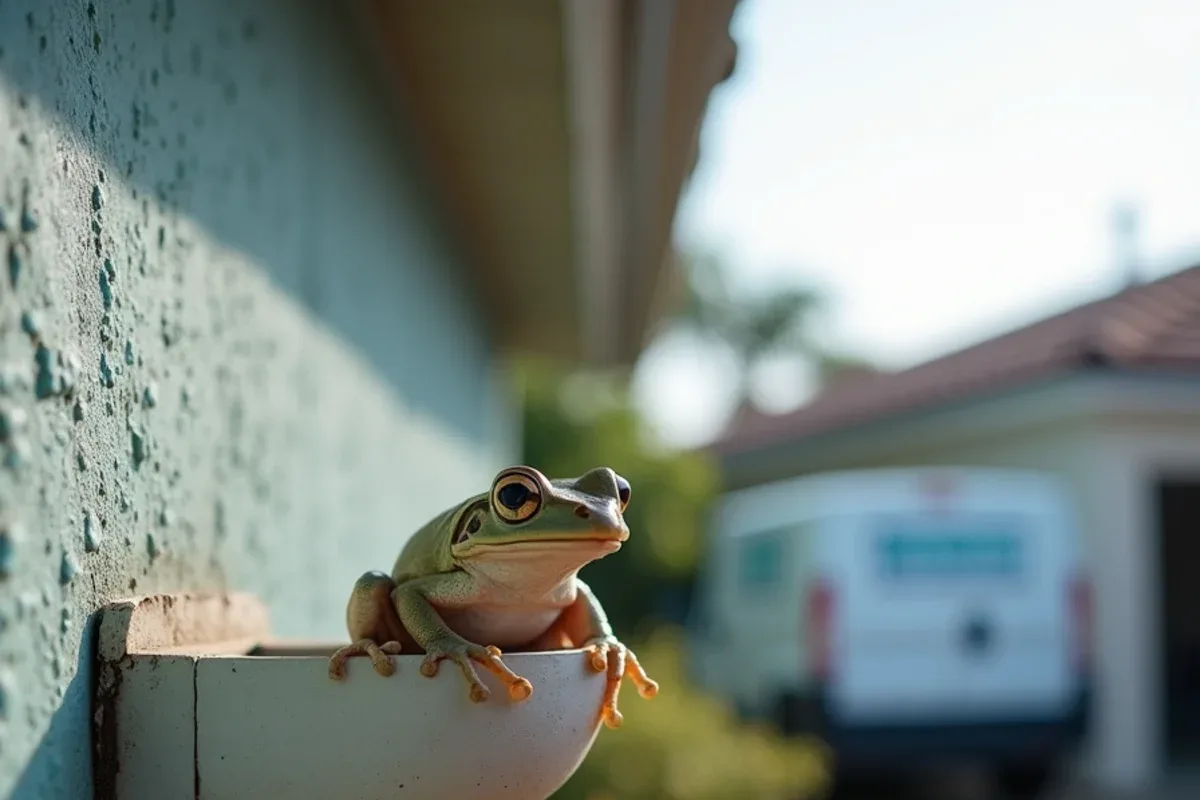 Cuban tree frog peering out of a downspout elbow at ground level after rain