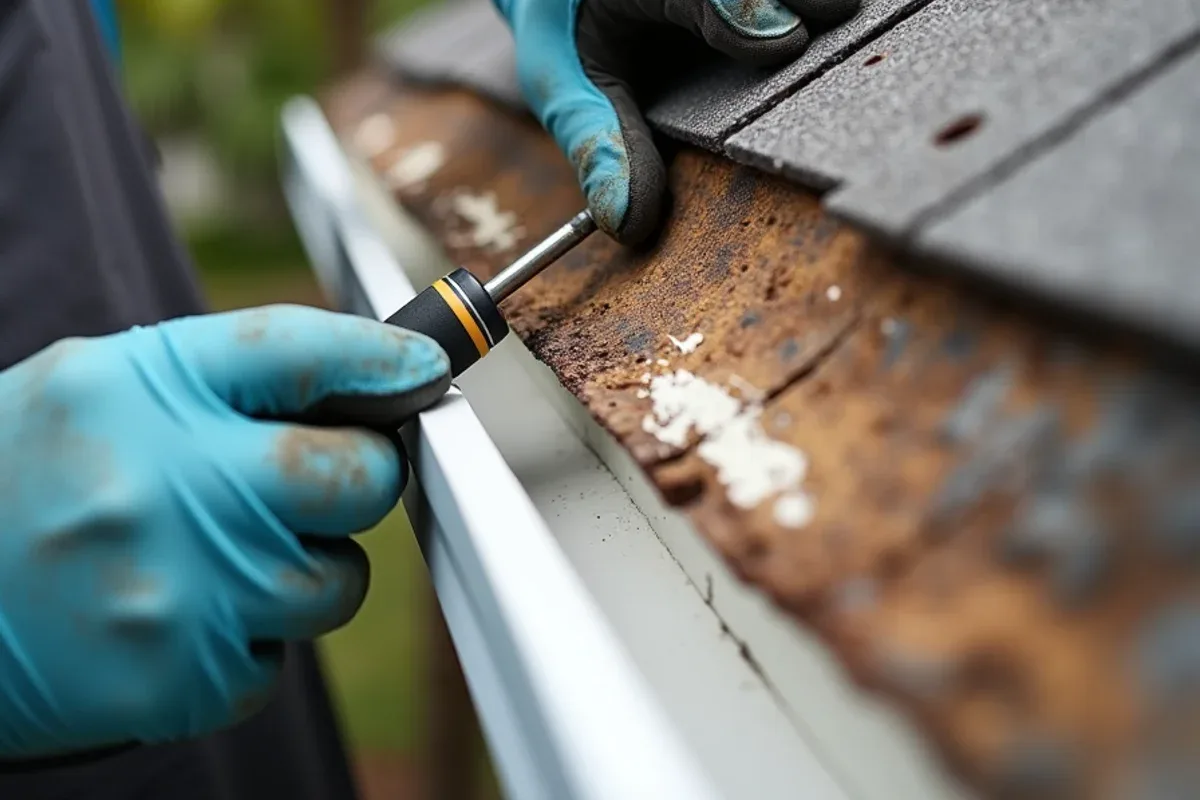 Screwdriver sinking into soft rotted fascia board exposed behind a detached gutter