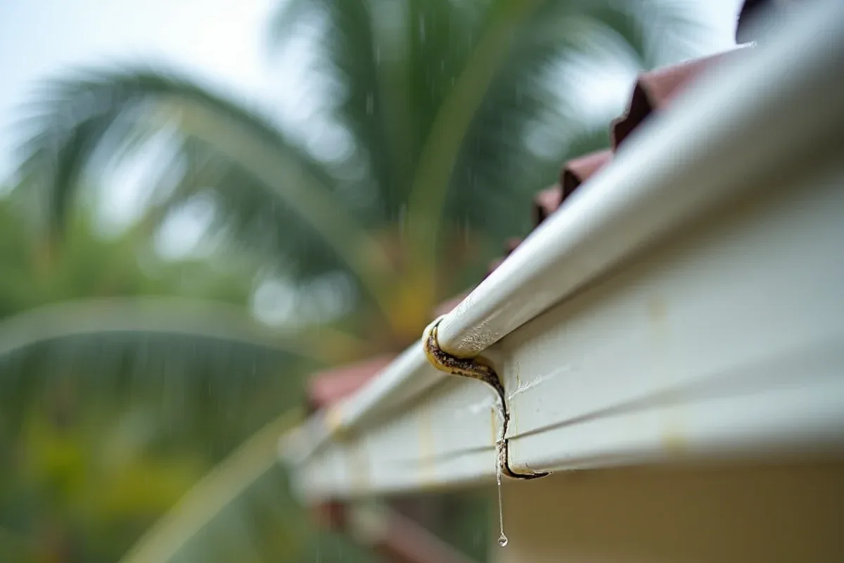Water dripping from a dried-out caulked seam on an old sectional aluminum gutter