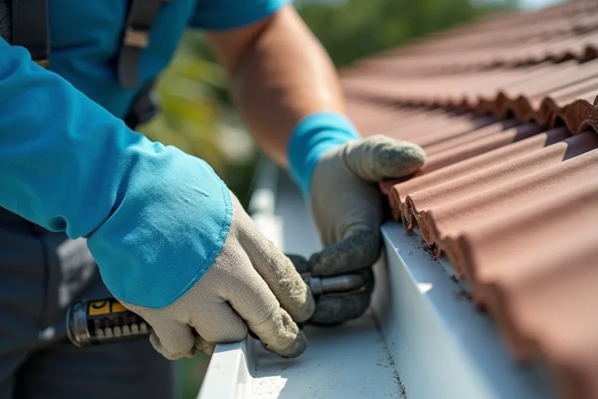 Gloved installer riveting and resealing a leaking inside gutter miter