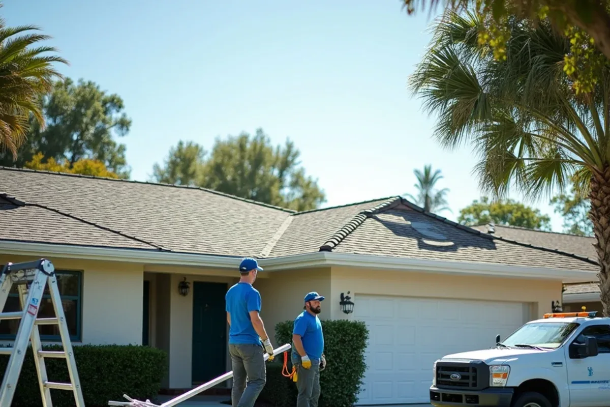 New seamless gutter run on a ranch home with old sectional pieces on the lawn