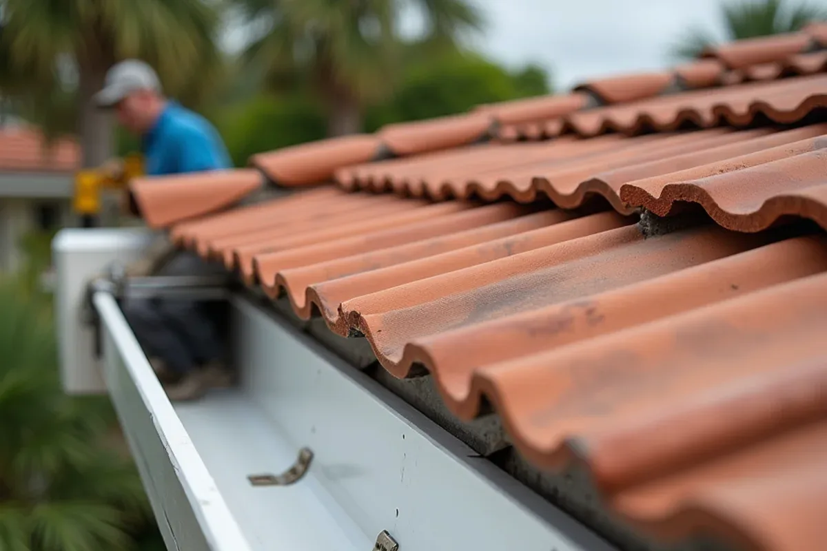Seven-inch seamless gutter installed at the corner where a tile roof valley drains