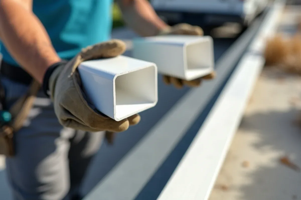 Larger 3x4 aluminum downspout held beside a smaller 2x3 downspout for comparison