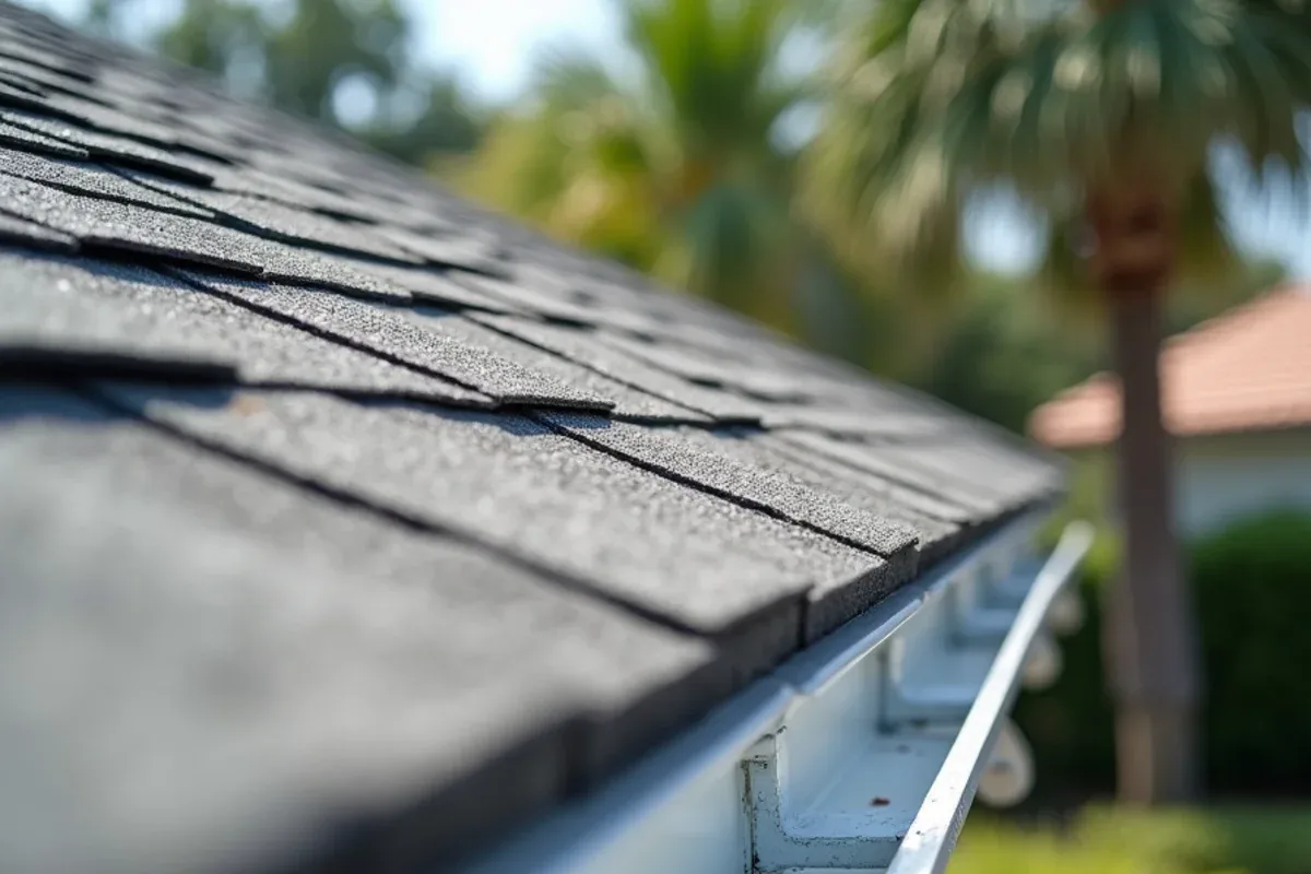 Fresh metal drip edge along a new shingle eave waiting for the gutter reinstall