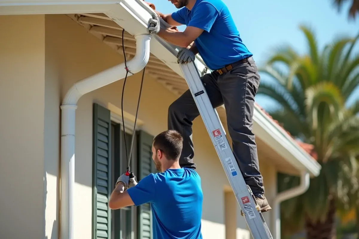 Seamless gutter rehung beneath a newly installed barrel tile roof on a stucco home