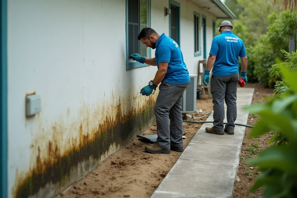 Splash stains and mildew along the base of a stucco wall on a block house without gutters