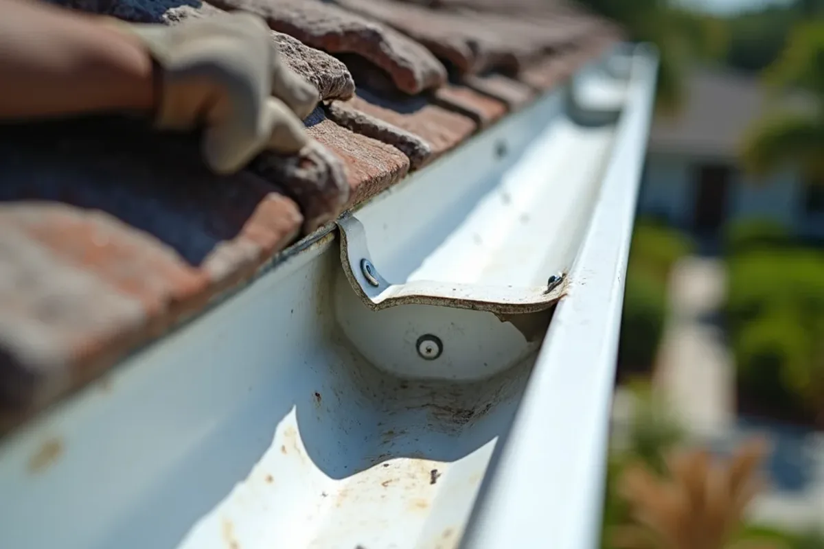Gutter corner scraped clean to bare aluminum with new rivets before resealing