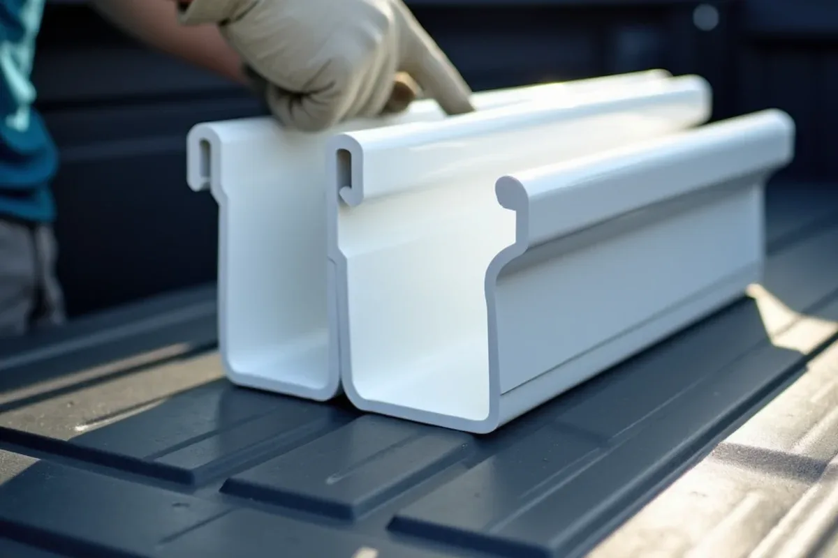 Five-inch and six-inch aluminum K-style gutter sections side by side for size comparison