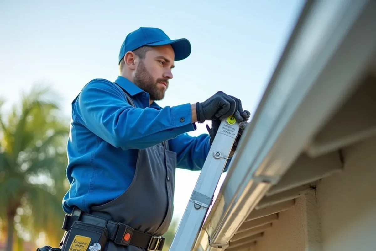 Technician checking gutter pitch with a level along a sagging section on fascia