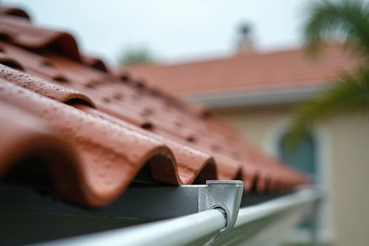 Aluminum splash guard installed on a gutter lip below a barrel tile roof valley