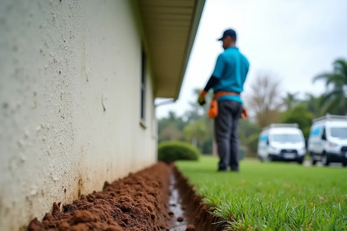 Mulch bed with a trench eroded along the drip line of a gutterless roof