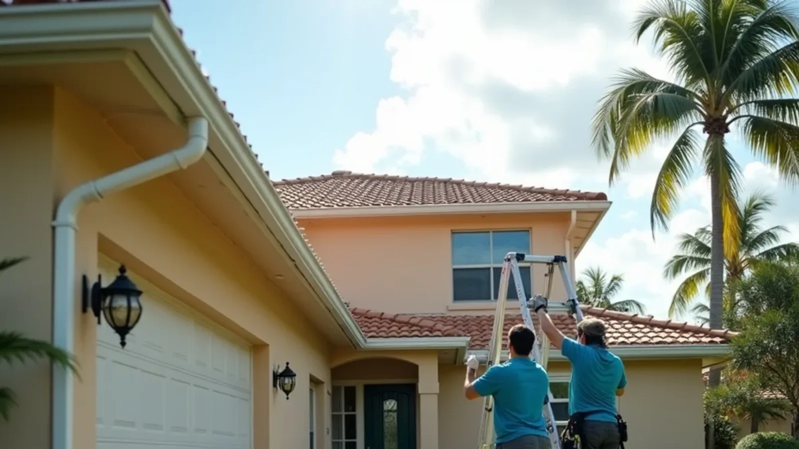 South Florida home with seamless gutters above tidy beds and a level paver walkway