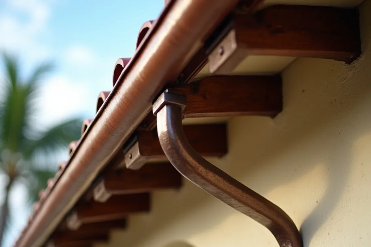 Half-round gutter carried on brackets below the barrel tile eave of a 1920s Mediterranean-style house